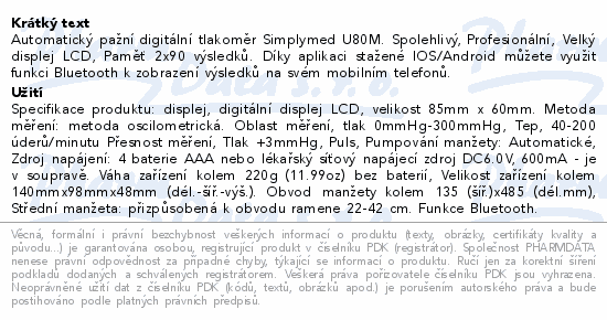 SimplyMed Autom. pažní tlakoměr U80M s Bluetooth